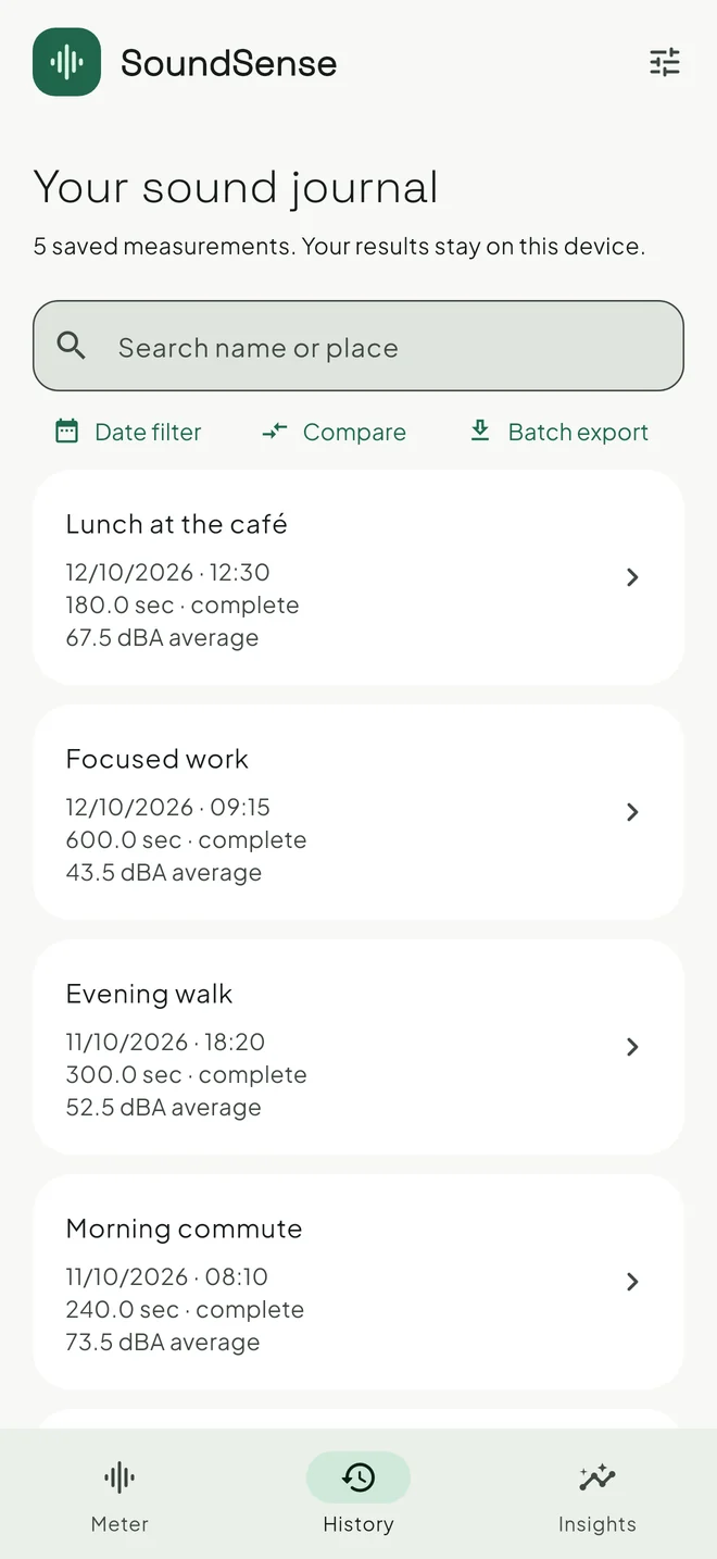 The sound journal listing saved checks such as Lunch at the café, Focused work, Evening walk and Morning commute