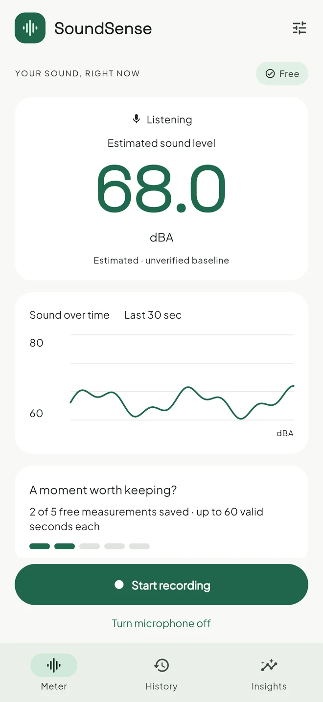 SoundSense meter screen showing an estimated sound level of 68.0 dBA with a graph of the last 30 seconds